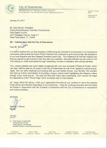 Letter from former Mayor Samuel J. Ferreri of Greenacres, Florida